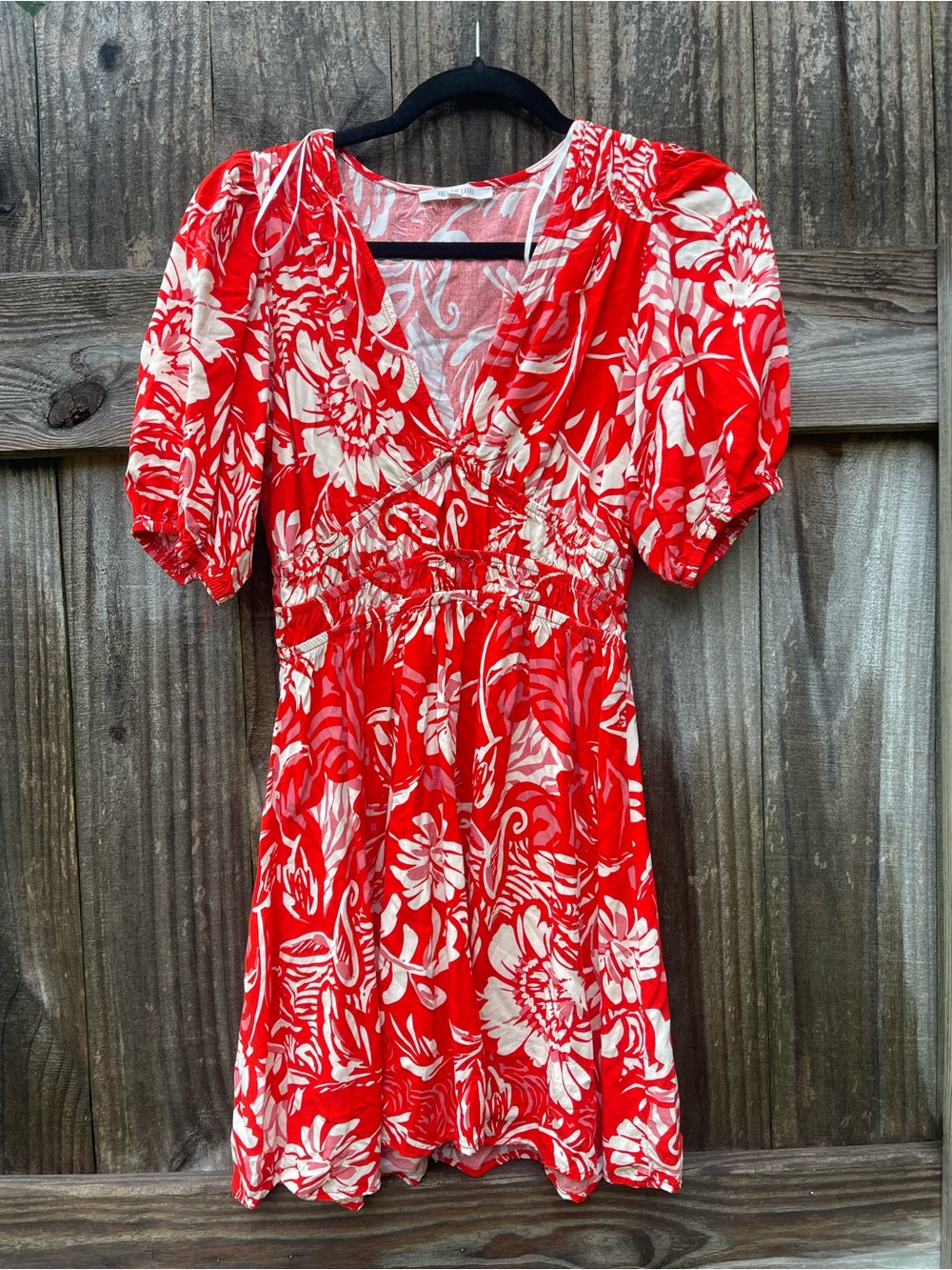 Abel the Label Red Floral V-Neck Mini Dress with Puff Sleeves Sz S